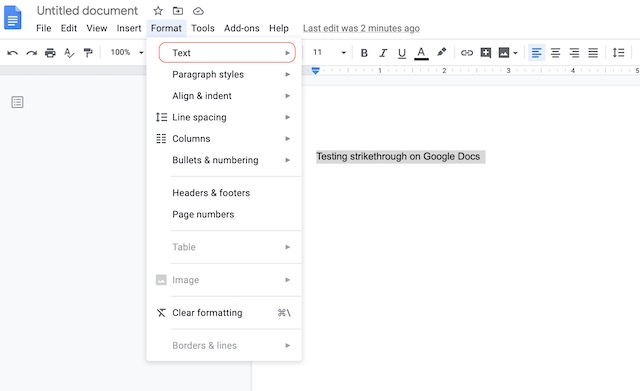 Как зачеркнуть текст в Google Docs