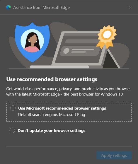 Как отключить запрос «Использовать рекомендуемые параметры браузера» в Microsoft Edge